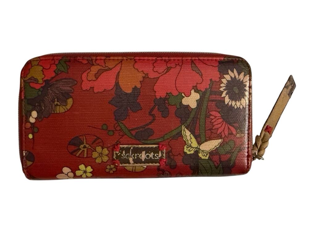 Sakroots Wallet Red Multi Floral Butterfly Zip Around CreditCard Slots READ